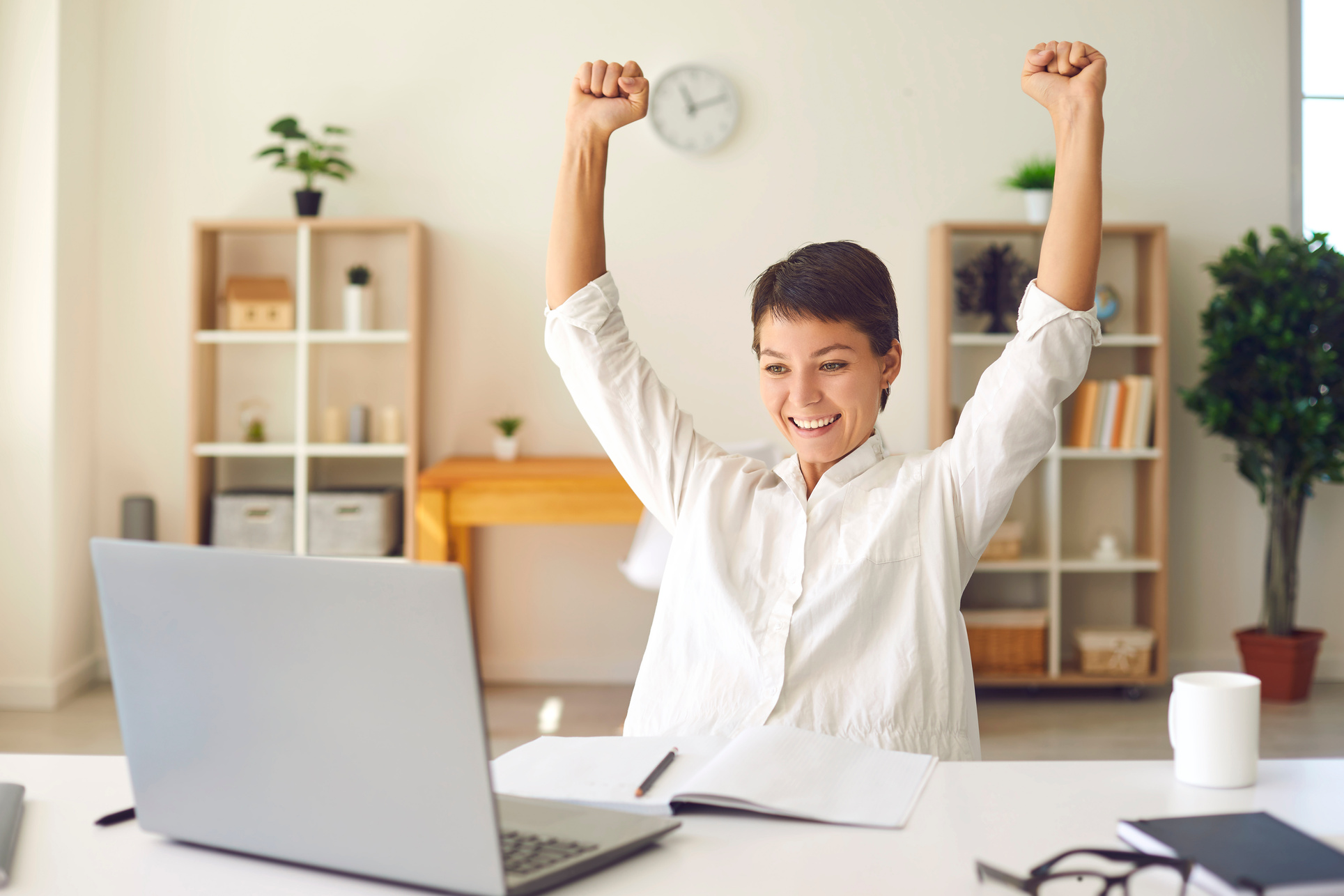 Successful Businesswoman Raises Her Hands up Rejoices in Increasing Profits in Business.